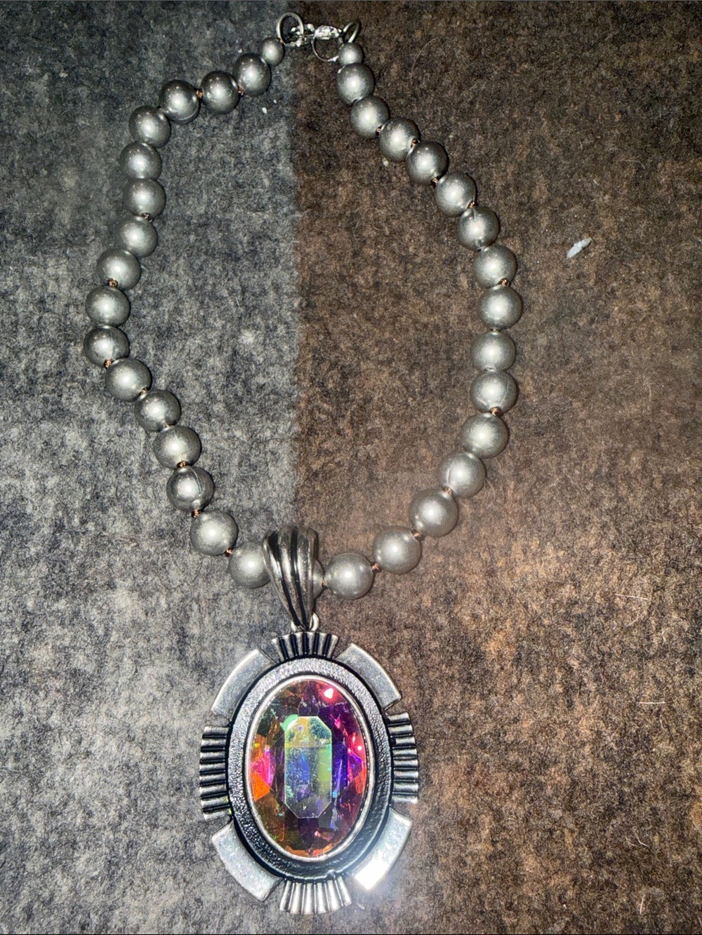 Silver-Tone Beaded Necklace with Iridescent Crystal Pendant